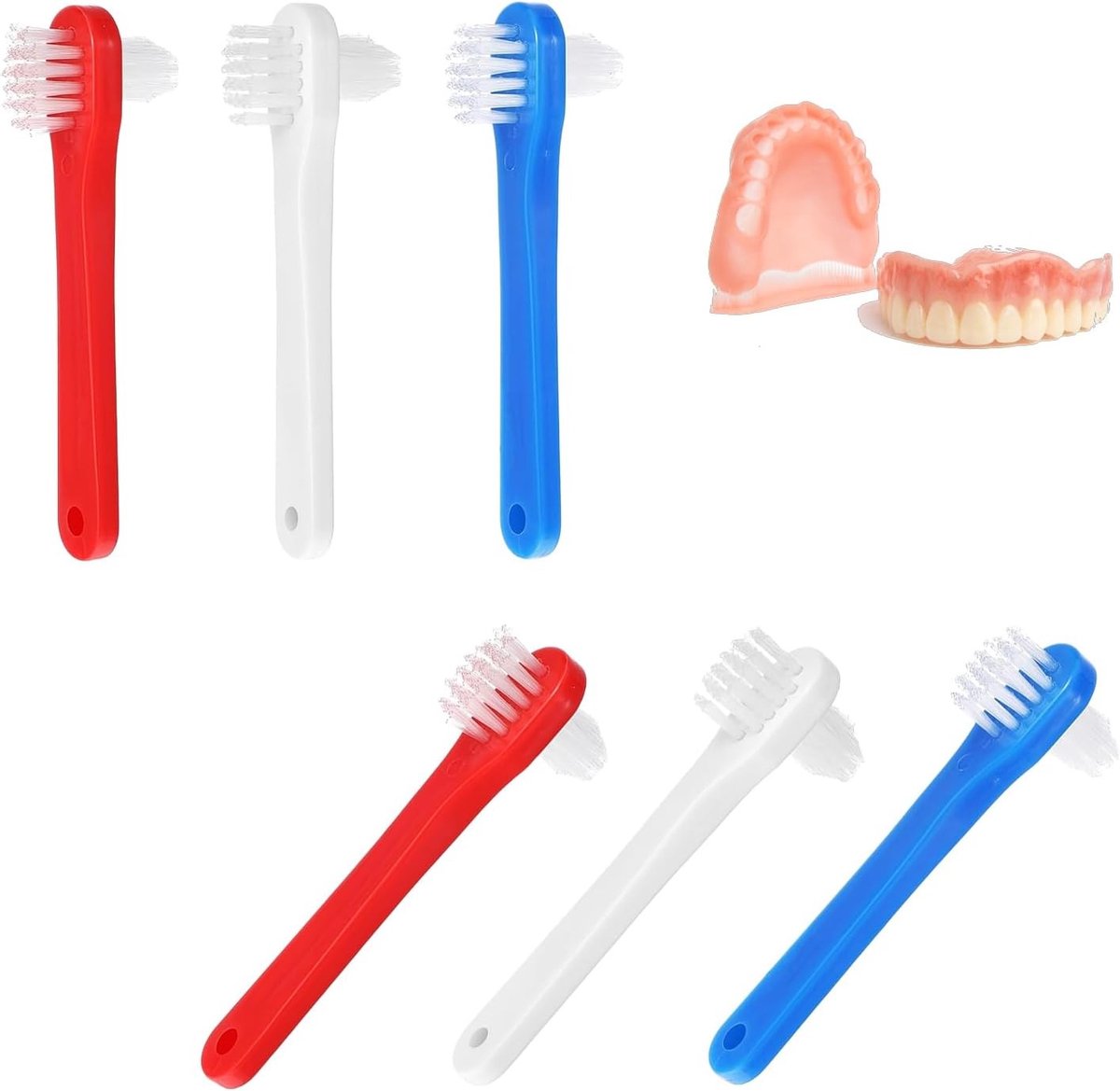 Dubbelzijdige prothesenborstel set van 6, draagbare tandenborstel met stevige borstelharen voor optimale mondhygiëne