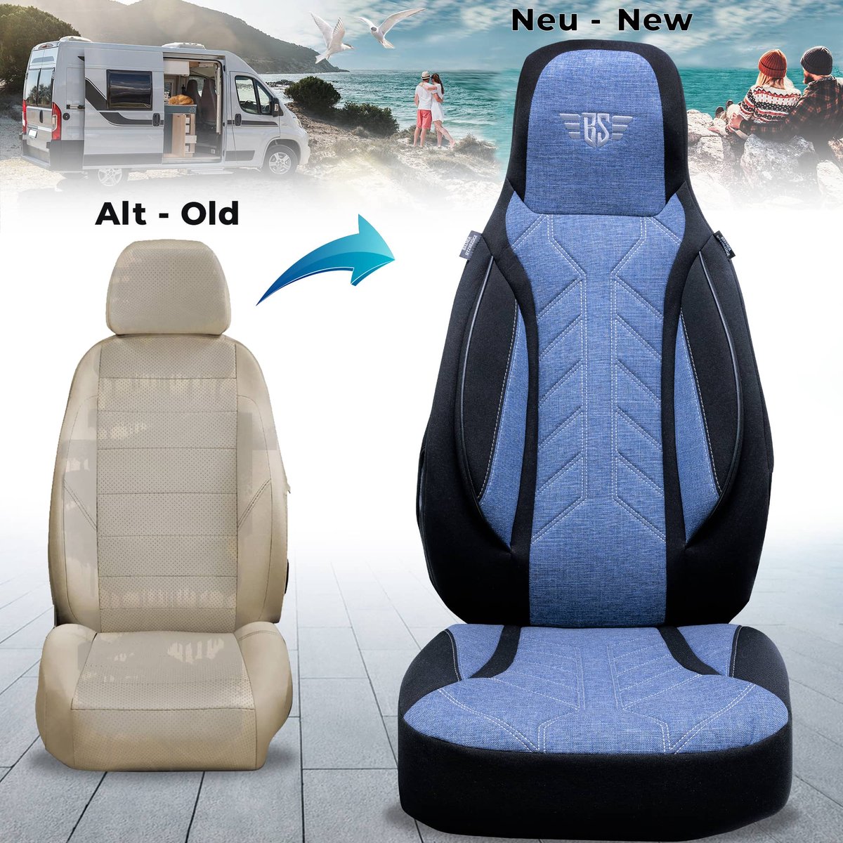 Premium Camper stoelhoezen voor Dreamer Fun Camper Five PLKT206 in Zwart/Blauw (2 losse stoelen)