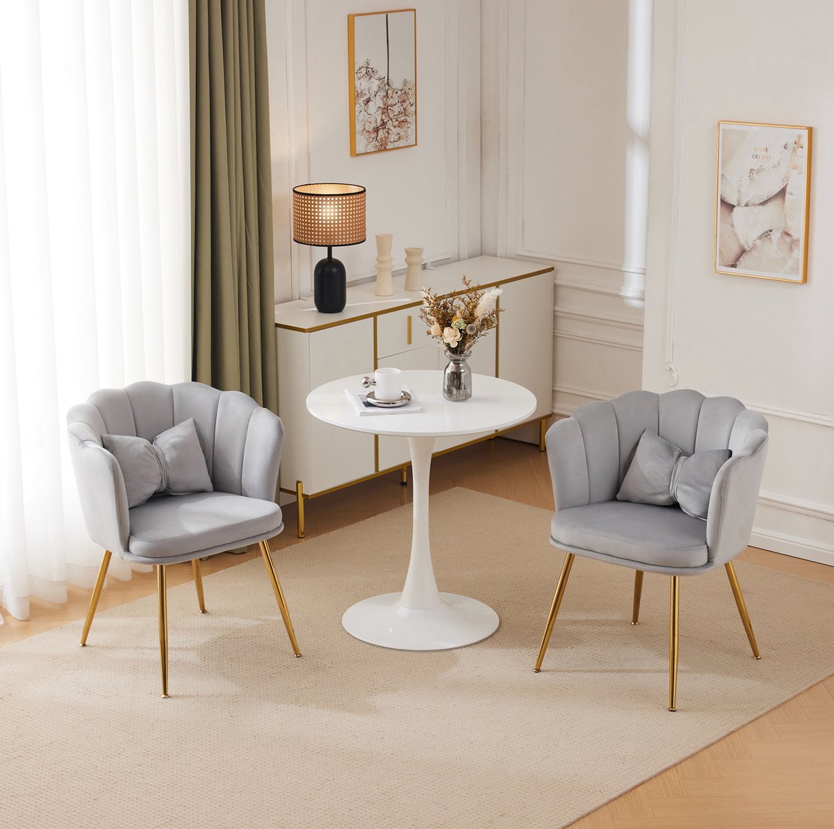 COVREO Fauteuil set van 2 - 77 x 63 x 58 cm - grijs velvet, gouden metalen poten, gestikt patroon