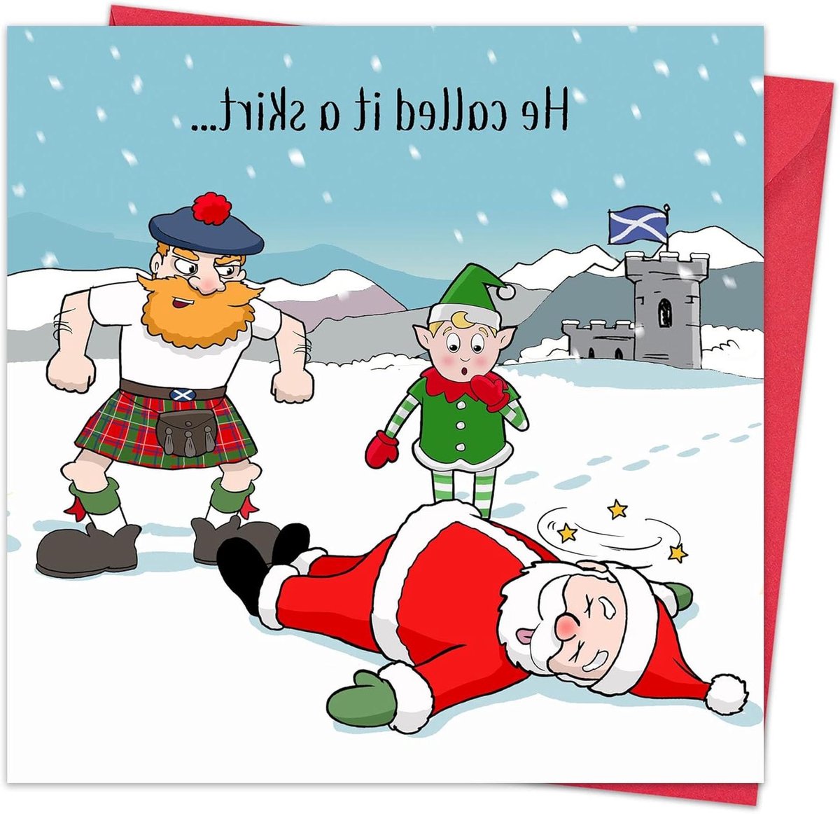 Grappige Kerstkaart - Humoristische Wenskaart - Kerstgroeten Versturen - Unieke Schotse Tekst - 155 x 155 cm - Rood