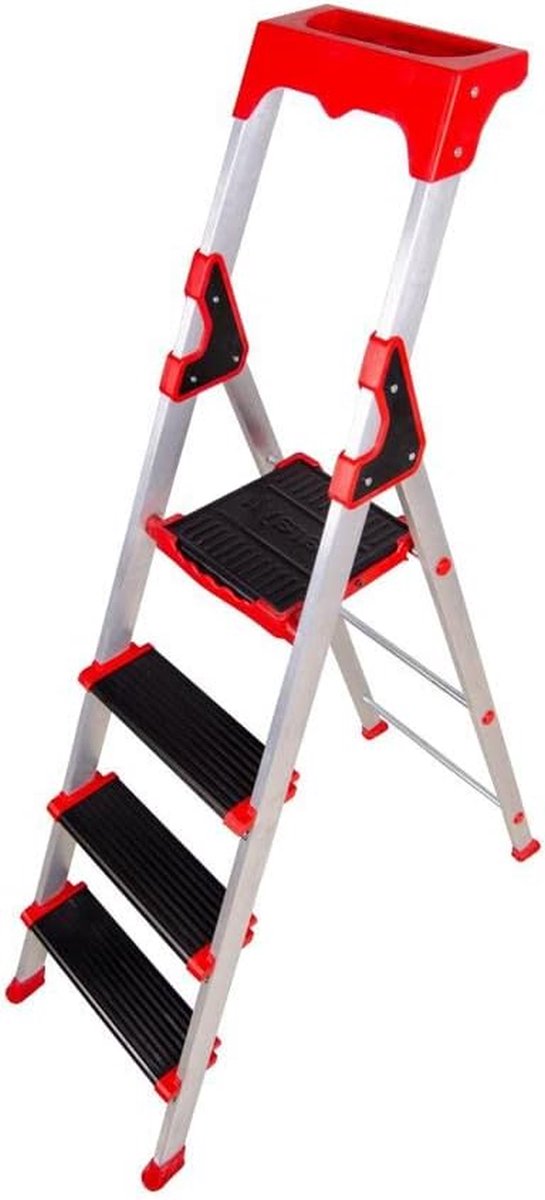 Steigerladder Aluminium - Opstapladder Werkladder - Klus Klussen - XXL Brede Treden - 5 Treden - Grijs en Rood