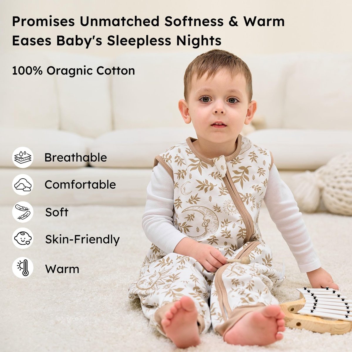 SnelShoppen - Babyslaapzak met voetjes 1,0 TOG-waarde, katoenen slaapzak voor jongens en meisjes, set van 2, 80 cm, beige zon voor de zomer