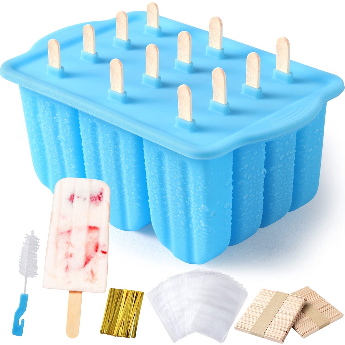 SnelShoppen - IJsvormen van Silicone - 12 Herbruikbare Ijslollyvormen met 100 Sticks - BPA-vrije Ijsvormpjes voor Kinderen en Volwassenen - Ideaal voo