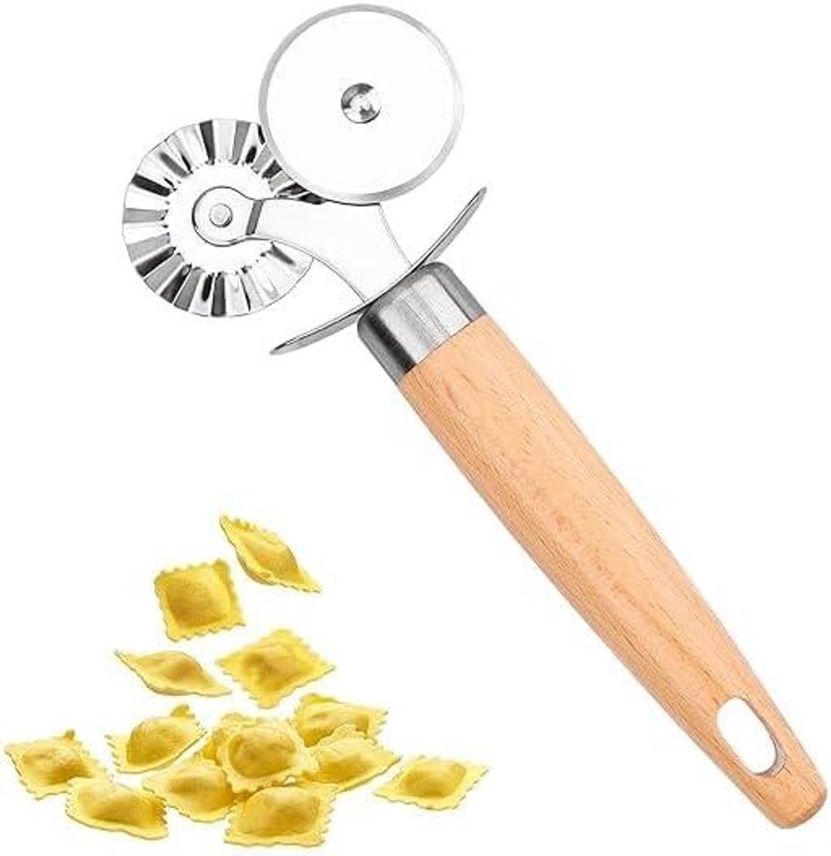 Gebaksnijder Dubbelwiel - Pizzasnijder Pastaroller - Gebak Snijden - Houten Handvat - 16.5 x 7.6 cm - Niet gespecificeerd
