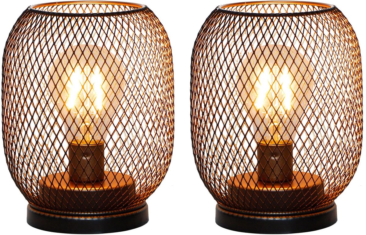 SnelShoppen - Set van 2 Draadloze Tafel Lampen - Vintage Metaal Kooi Lantaarn met LED Gloeilamp - Ovale Decoratieve Buiten Verlichting voor Bruiloften