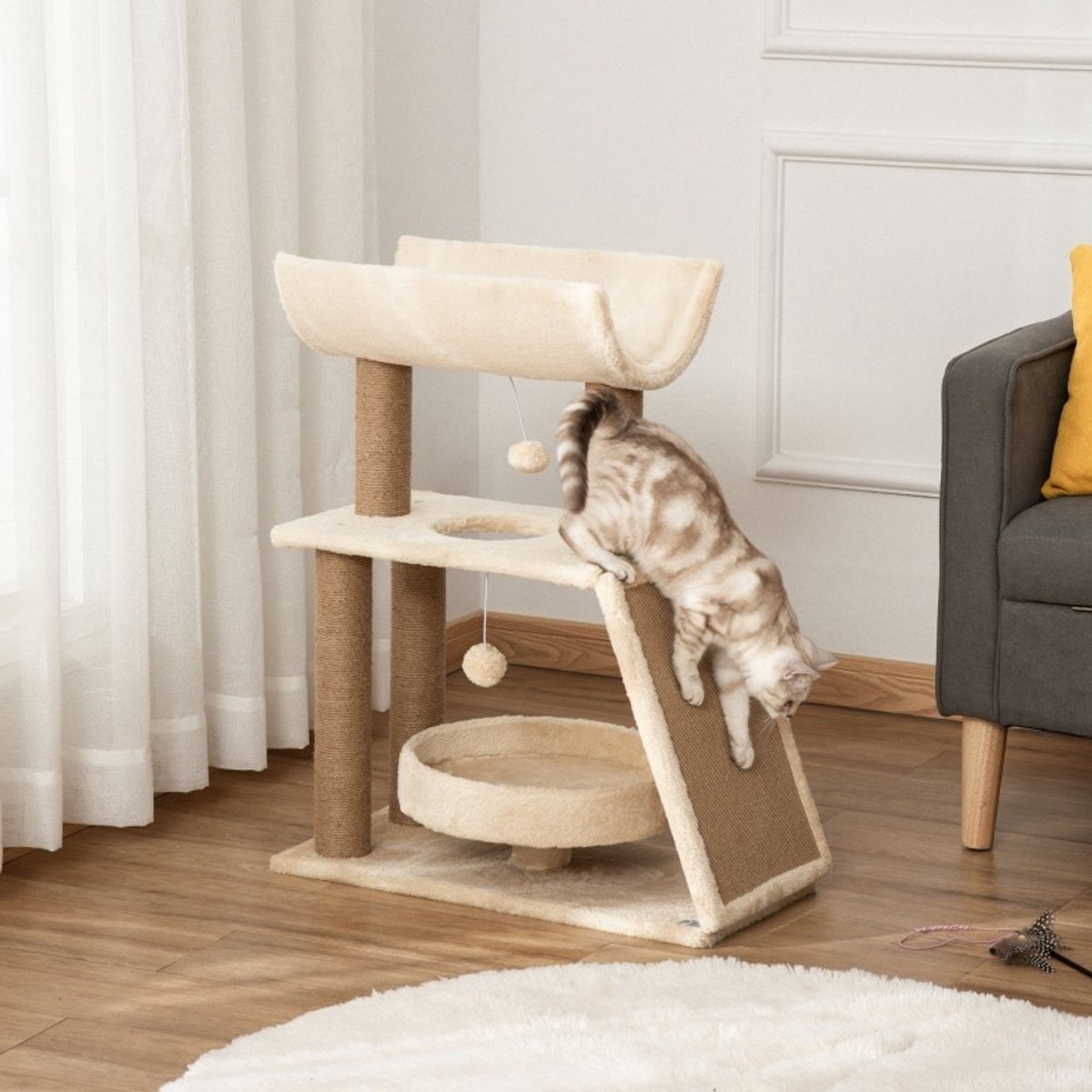 MIVRAY Krabpaal – Multifunctioneel Met Ligplek En Speelballen – 60 x 30 x 76 cm – Pluche, Sisal En Hout – Naturel – Voor Krabben En Klimmen