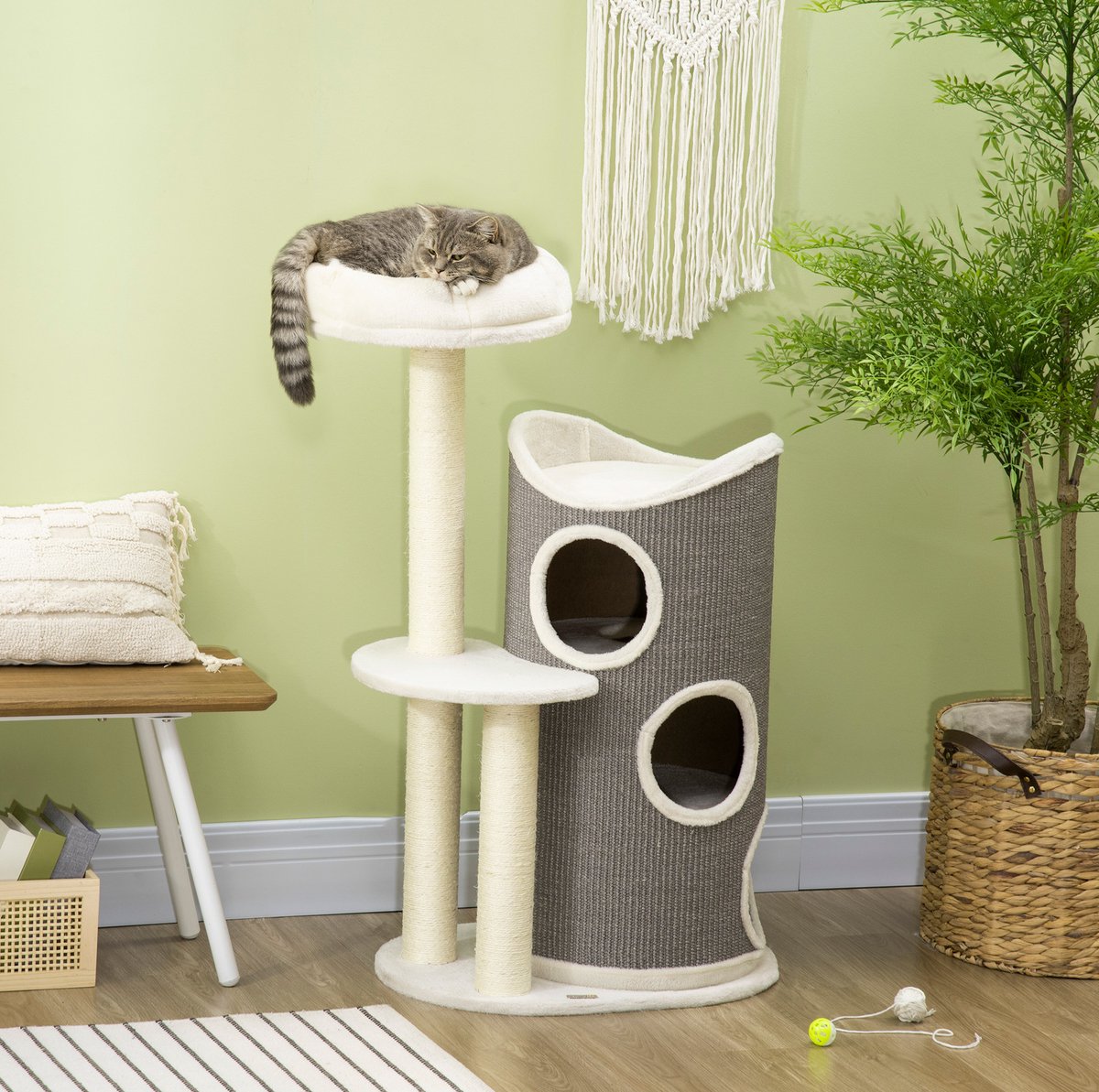 MIVRAY Krabpaal 109 cm Met Krabton En Kattenbed - Multiplex En Sisal - Wit Grijs - Klimmen, Rusten En Krabben