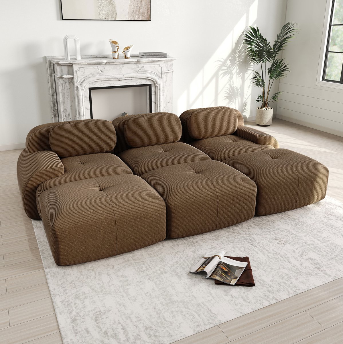 COVREO Modulaire bank 298 x 70 cm – bruin corduroy, 3 zitplekken en 3 hockers