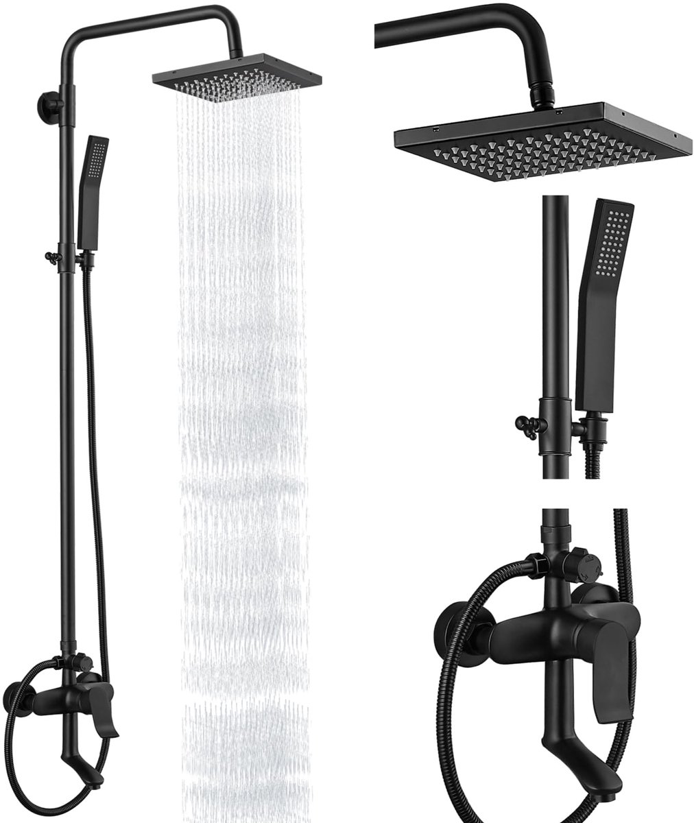 SnelShoppen - Mat Zwart Douchesysteem met 8 Inch Regendouche, Handheld Douche, Wandmontage en Bad Uitloop - Complete Set voor Luxe Badkamerervaring
