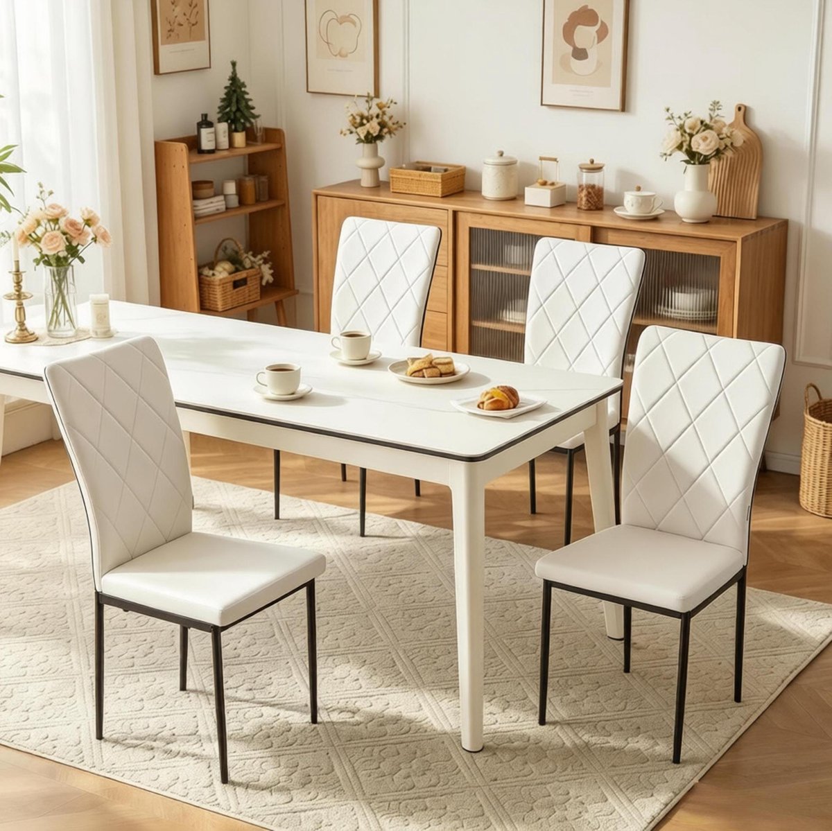 OKWISH Eetkamerstoel Set Van 4 - Hoog Rugleuning Met Gewatteerde Zitting - Voor Eetkamer, Woonkamer En Ontvangstruimte - Kunstleer - Zwart Wit