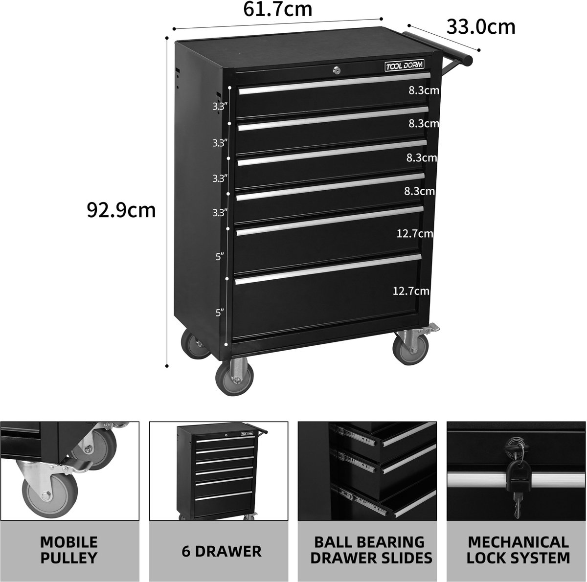 MIVRAY Gereedschapskar Met 6 Lades En Slot Op Wielen 61,7 X 33,0 X 92,9 Cm Metaal Zwart Voor Garage En Werkplaats