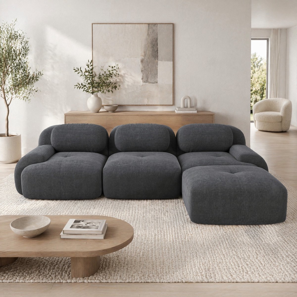 COVREO Hoekbank 298x178x70 cm – grijs corduroy, rechts, zonder montage