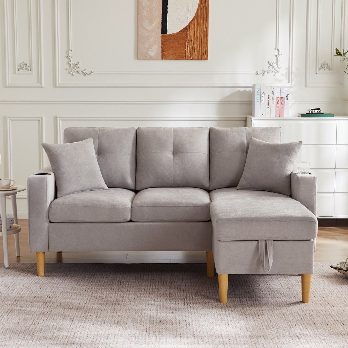 COVREO Hoekbank 175x129x90 cm - lichtgrijs katoen-linnen, opbergruimte, drankhouders en 2 kussens