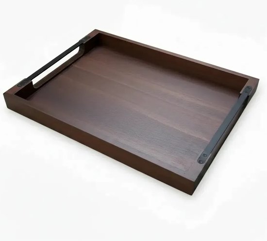 Foto: Dienblad hout 48x38 cm acaciahout rechthoekig met stevige metalen handgrepen ontbijt op bed serveerplaat schootdienblad groot houten dienblad belgisch merk les plaisirs du chef