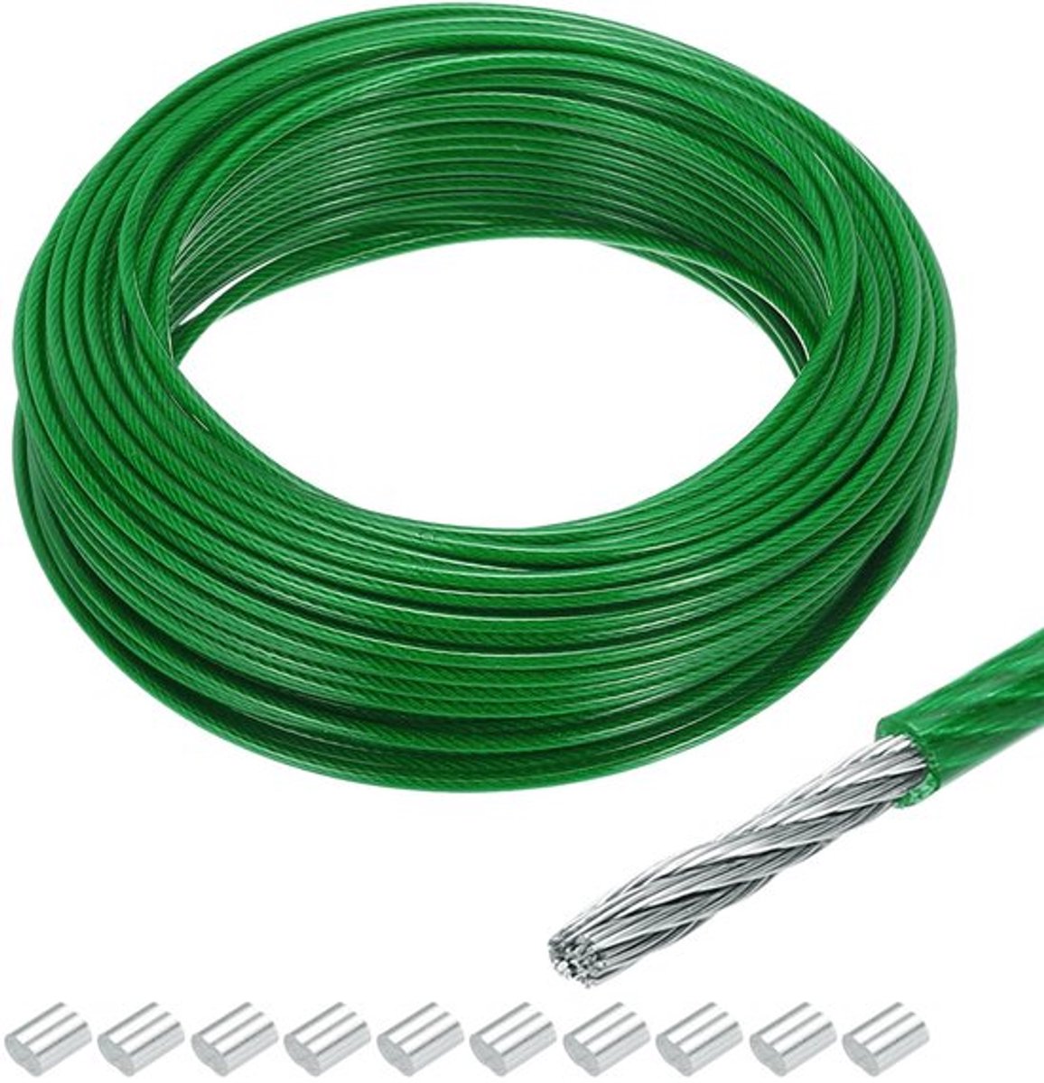 - Kabel - 30 m - Voor het ophangen van lampen en decoraties - Groen - Geschikt voor tuin en feesten - Inclusief 10 aluminium sleeves