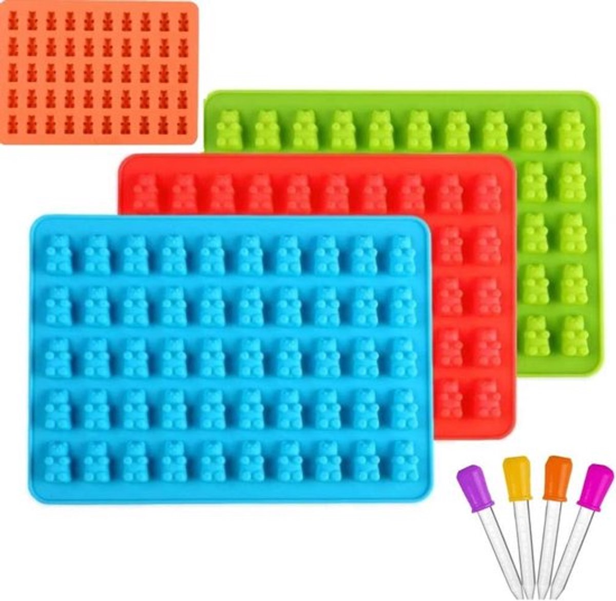 Siliconen beervormen voor snoep - Set van 4 met pipetten - Gummibeertjes, gelei, chocolade - Halloween en kerstsnoepjes