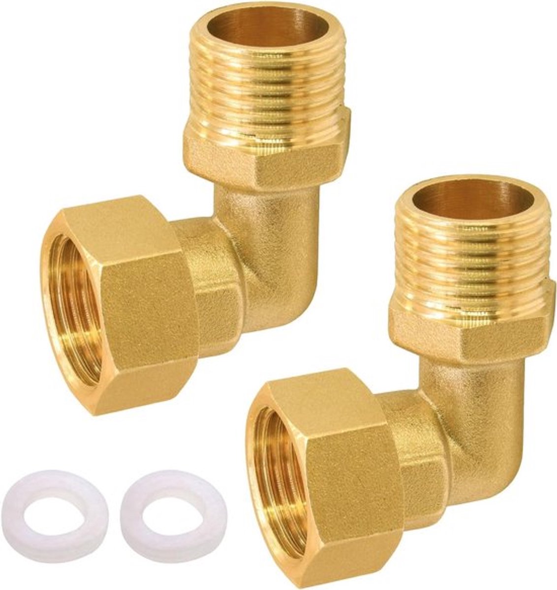 Messing beweegbare schroefverbinding 1/2 inch - Hoek 90 graden - IG/AG - 20 mm buisschroefverbinding met sluitring - Set van 2 stuks.