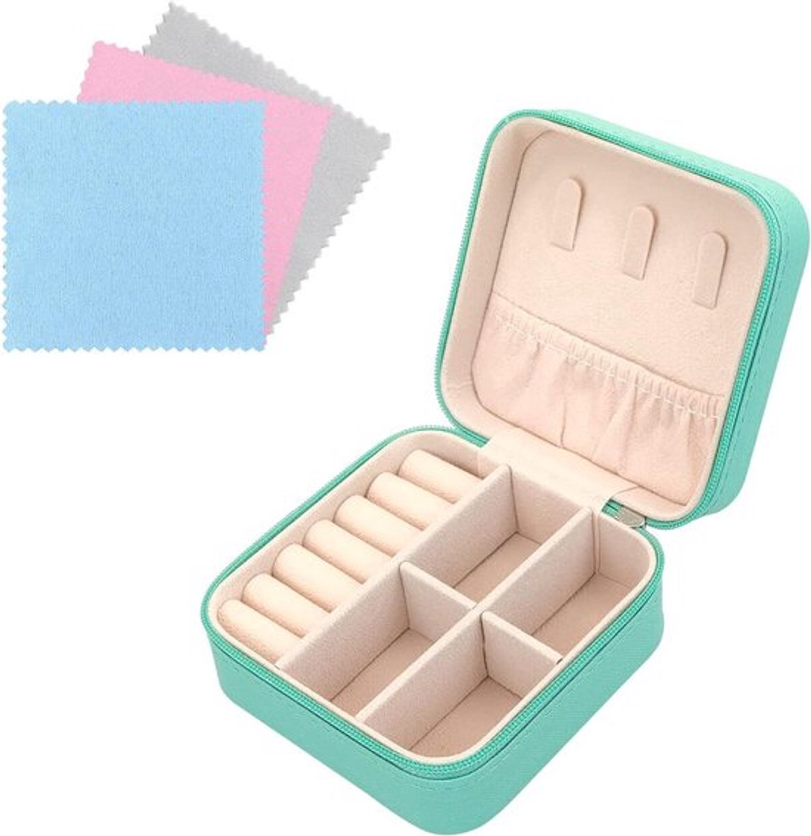 Draagbare sieradenorganizer van PU-leer voor ringen, oorbellen en halskettingen - Blauw, modern design met zilveren stof - Compact en handig in gebruik