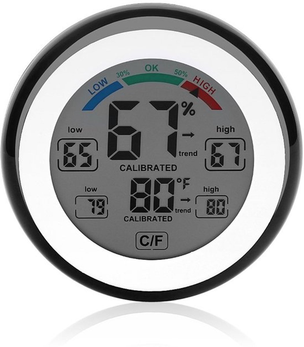 Digitale hygrometer-thermometer - Vochtigheidsmeter - Touchscreen - Zwart - Temperatuurmeter - Geschikt voor Binnen - Zwart