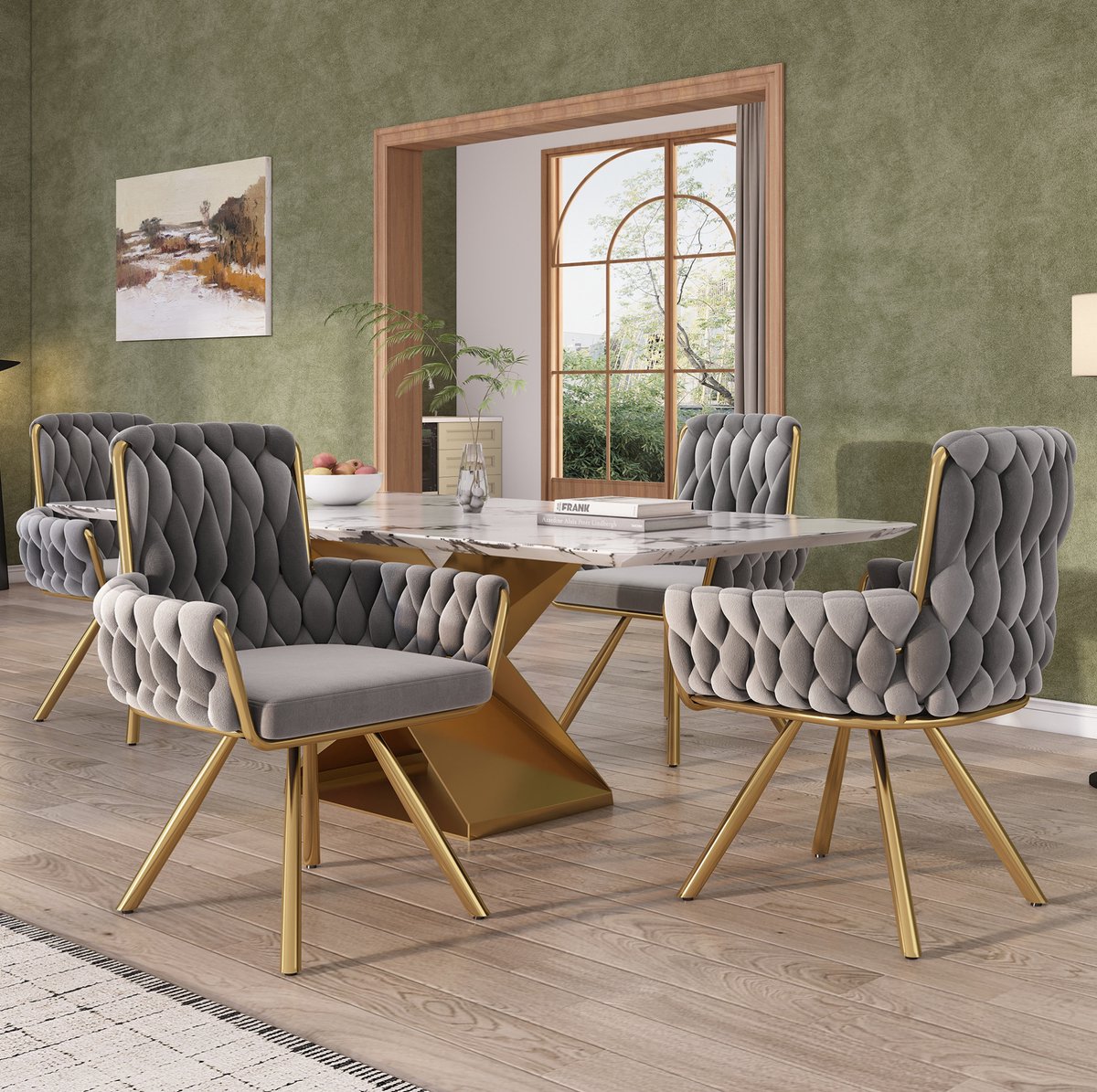 COVREO Eetkamerstoel 4-delig 87 x 63 x 64 cm - grijs fluweel, armleuningen, 360 draaibaar