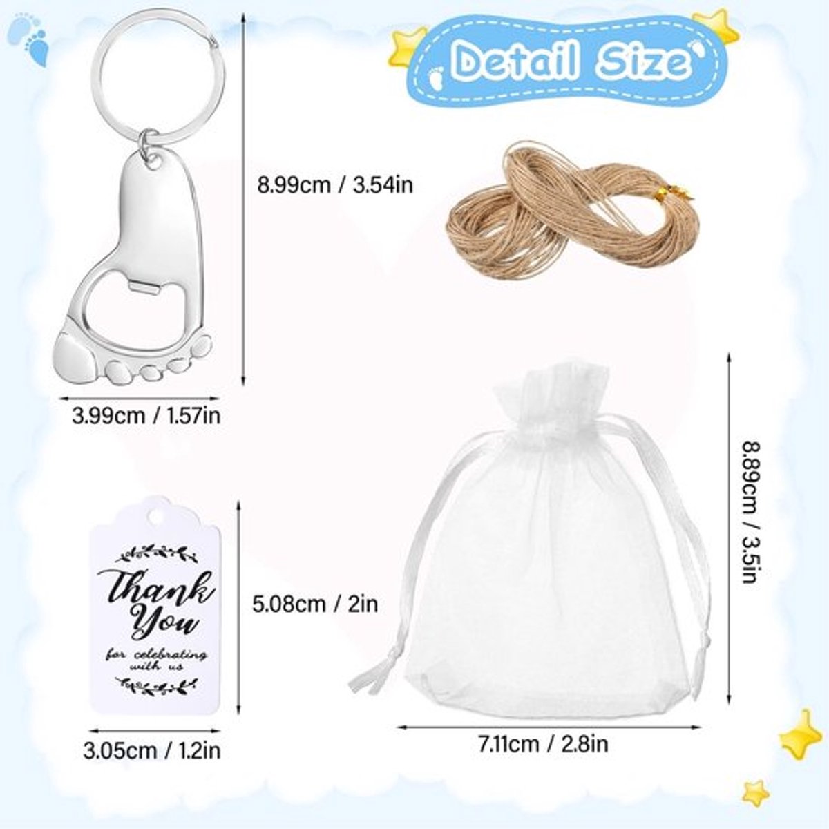 Flesopener Babyfles - 24 Stuks - Sleutelhanger - Cadeaus voor Babyshower - Bedankkaartjes - Organza Zakjes - Voetafdruk Ontwerp - Babyshowercadeau