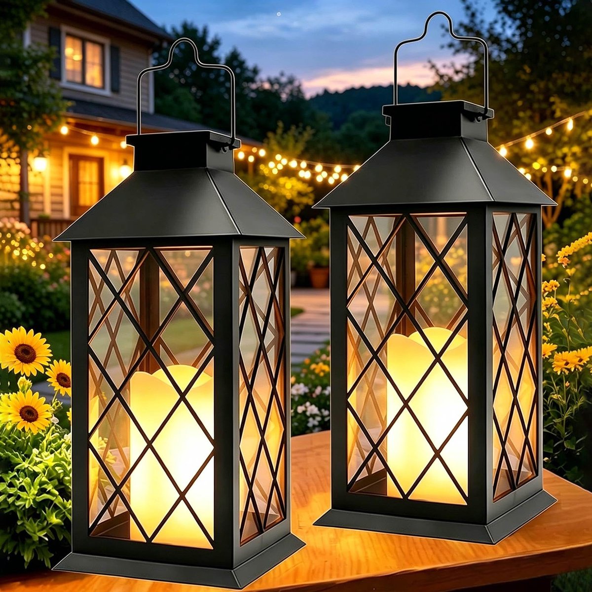 SnelShoppen - Lantaarn op Zonne-energie voor Buiten 2 Stuks - Waterdichte Tuinlampen met Vlameffect, Hangende Kaarsen voor Terras, Balkon en Paviljoen