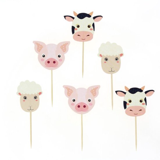 Zes cupcake prikkers met boerderijdieren: twee koeien, twee varkens en twee schapen.