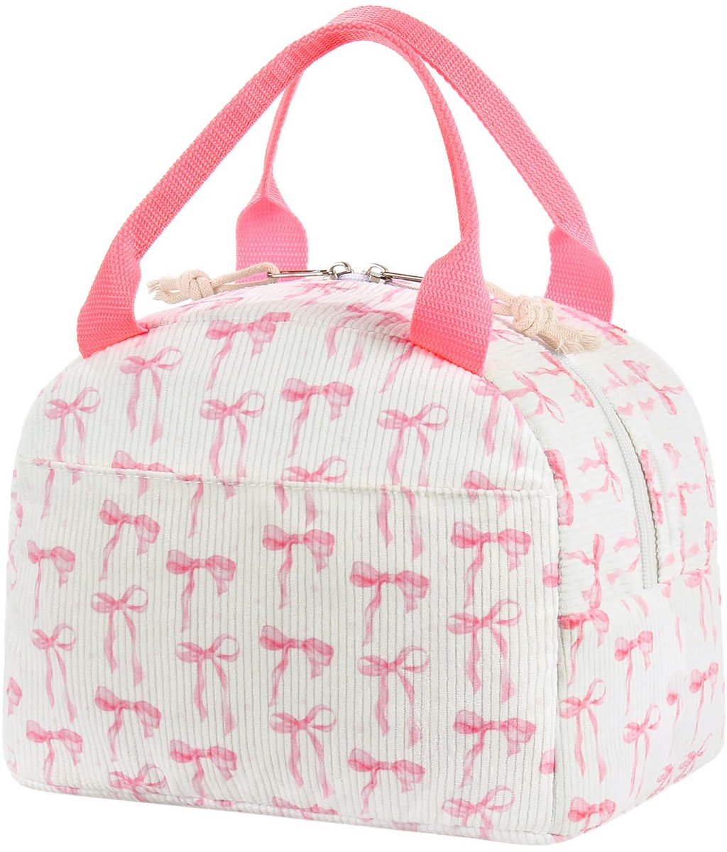 SnelShoppen - Lunchtas Dames Corduroy Roze Strik - Lekvrije Thermische Koeler Lunch Tas voor Werk, Reizen, Kantoor en Picknick - Draagbare Handtas
