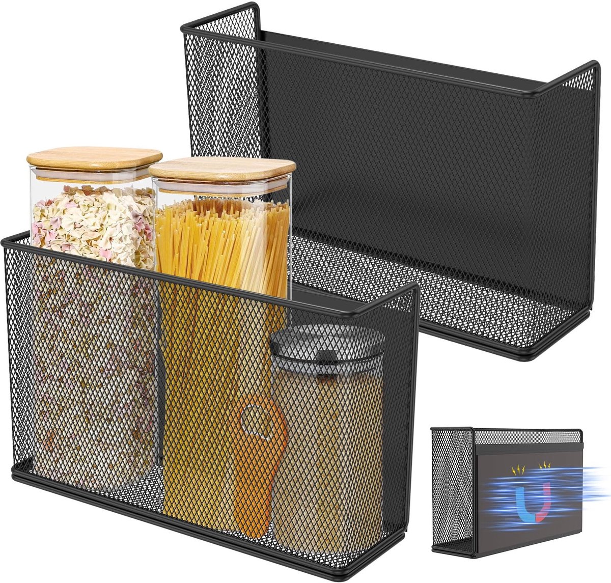 Magneetrek voor koelkast, magnetisch kruidenrek, zwart, grote magnetische organizer van koolstofstaal als koelkastrek en kruidenhouder voor keuken, kantoor, whiteboard en magneetwand