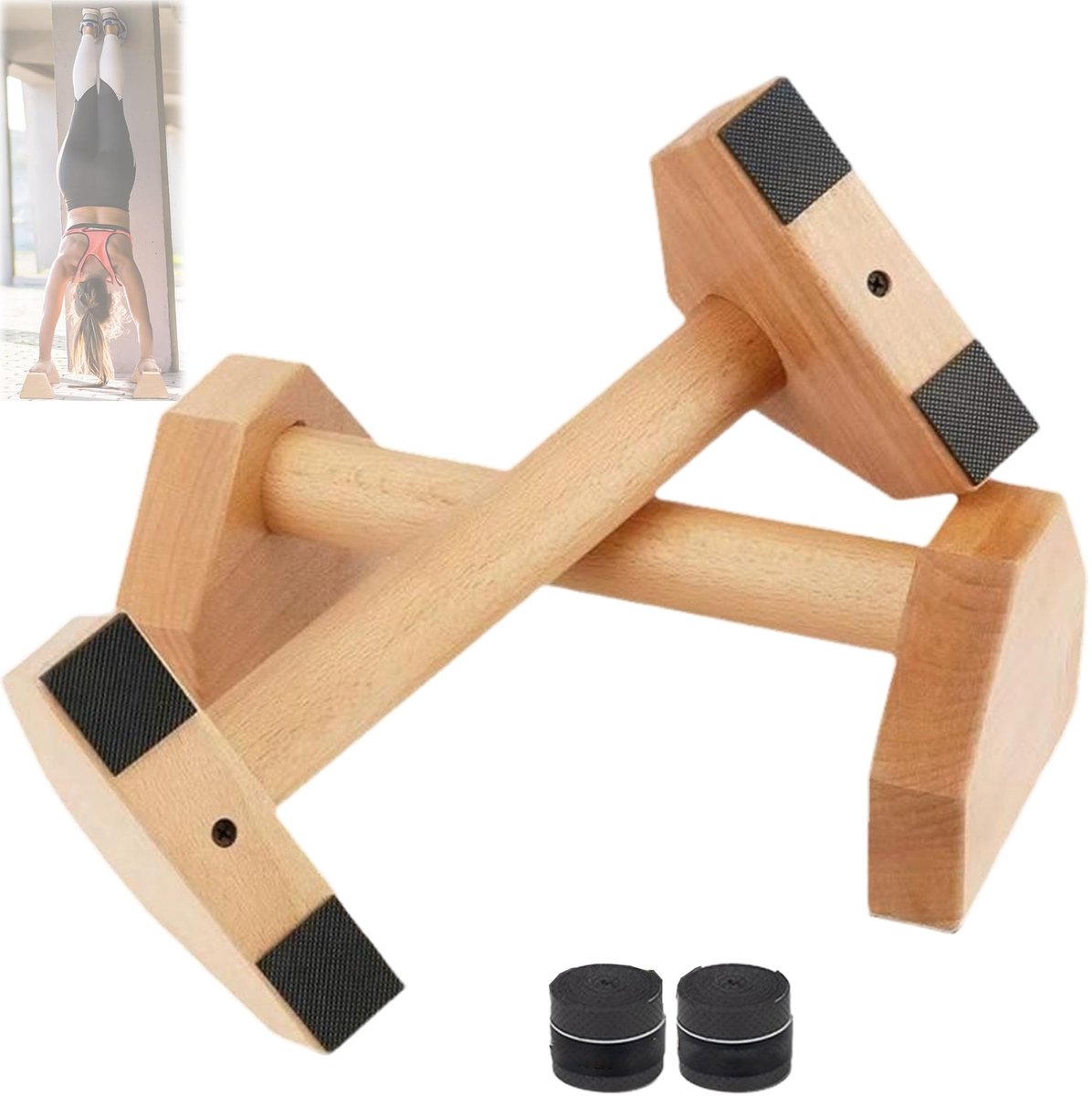 Dailygoods- Balanshengel 30 cm - 2 Stuks - Omgekeerde Hengel - Antislip Handgrepen - Draagbaar - Eikenhout - Push-up Steunen