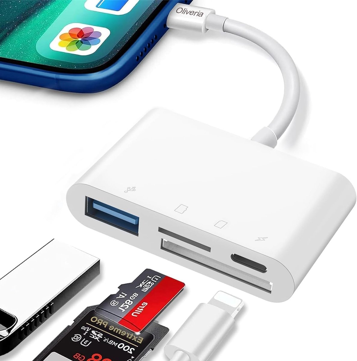 Dailygoods - 4-in-1 SD Kaartlezer voor Telefoon en Tablet met Oplaadfunctie