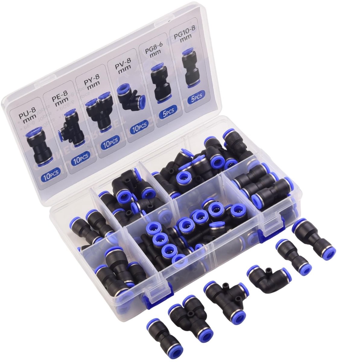 Dailygoods- Push-in Connectoren Set van 50 - Snelkoppelingen Recht/Y/T/V - Verloopstukken 6-4/8-6 - Geschikt voor PU/PA/PE/PVC - Stevige/Lekvrije Verbinding