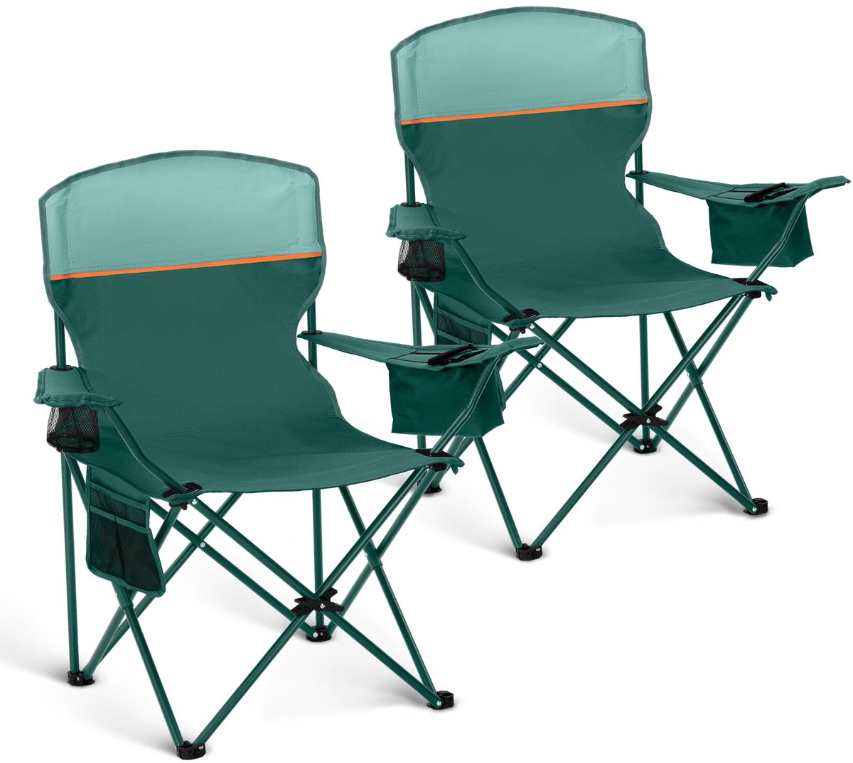 SnelShoppen - LET'S CAMP Campingstoel Set van 2 - Inklapbare Klapstoel met Bekerhouders en Armleuningen - Groen - Perfect voor Camping, Tuin en Outdoo
