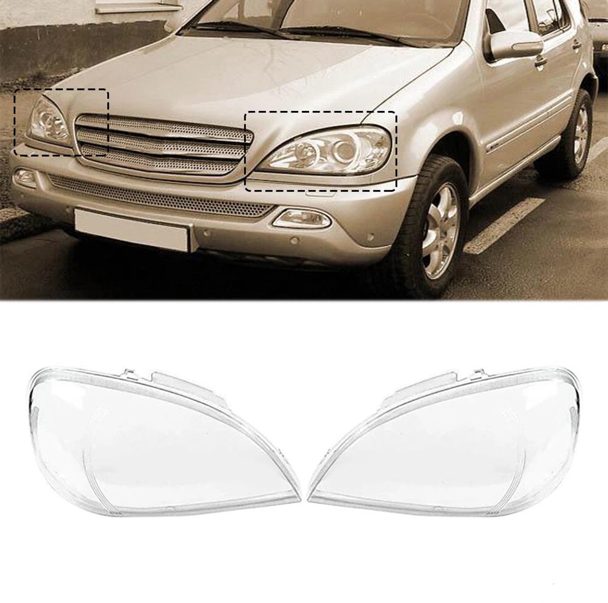Koplampglazen voor Mercedes-Benz ML-Klasse W163 (modellen 2002-2005) - Een paar - 1638204961 + 1638205061 - Koplampkappen
