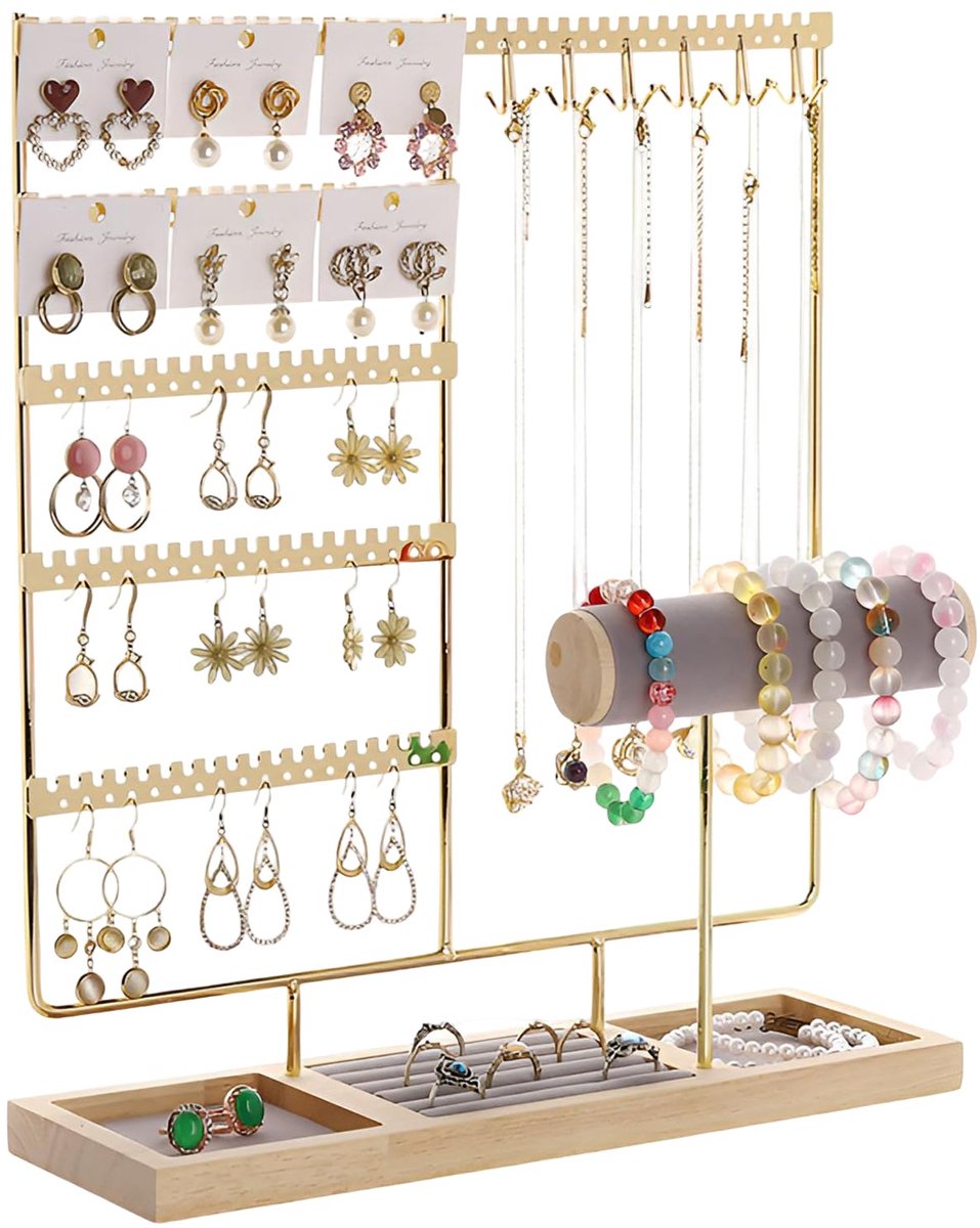 SnelShoppen - Sieradenstandaard voor Dames, Oorbellenhouder met Fluwelen Basis, Ideaal voor Armbanden, Halskettingen, Horloges en Ringen, Gouden Kleur