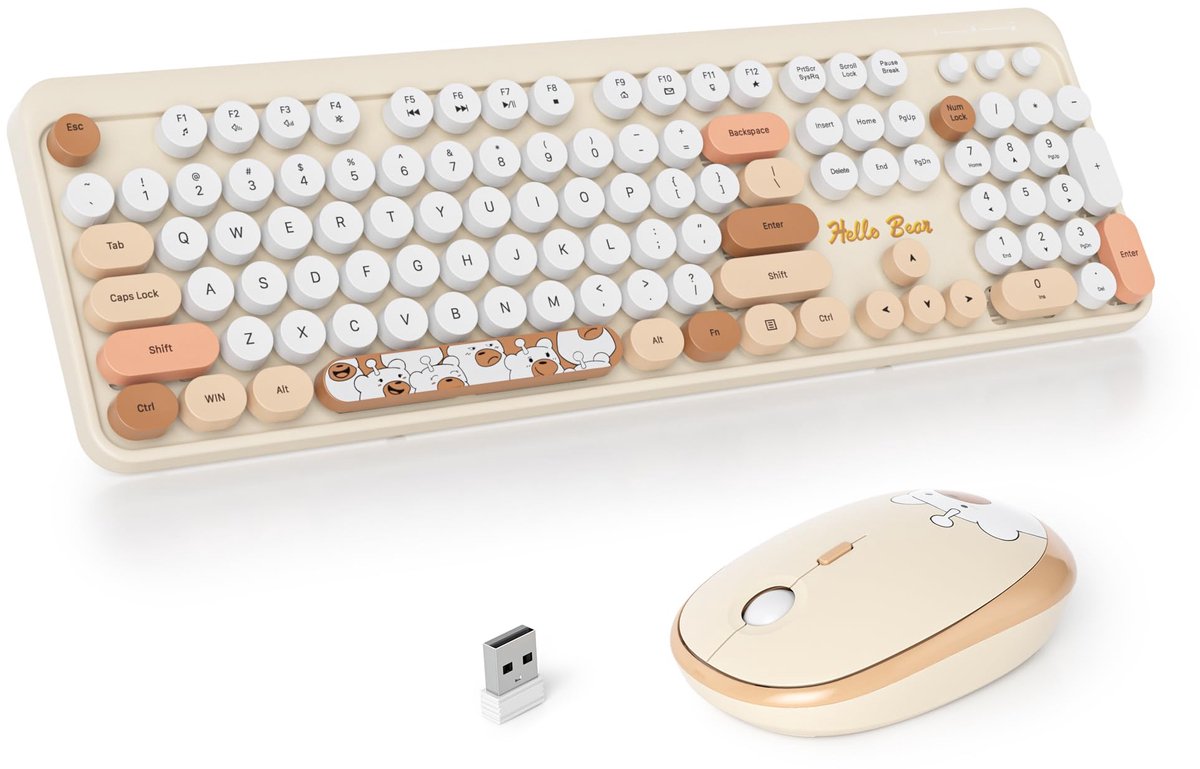 SnelShoppen - Draadloos Toetsenbord en Muiscombinatie, Retro Typemachine Toetsenbord met Nummerpad, 2.4GHz Kleurrijk Ronde Toetsenbord, Ergonomisch 10