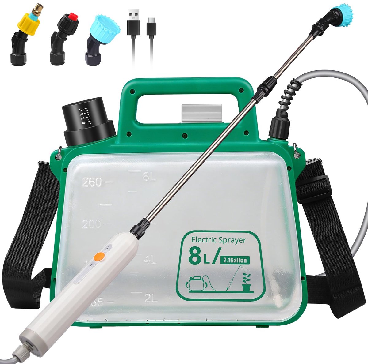 SnelShoppen - Elektrische Sproeier op Batterijen 8 Liter - Pompsproeier met USB-oplaadbare Handgreep - Telescopische Lans - 3 Sproeiers - Lekvrij voor