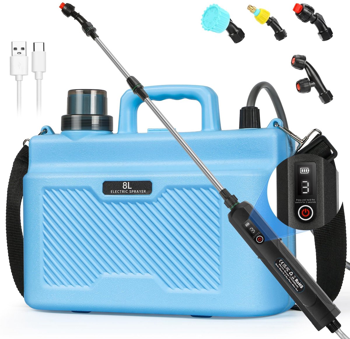 SnelShoppen - Kevsuvqin Batterij Pomp 8L - Draadloze Spuitfles voor Planten met 3 Waterdrukstanden en 4 Sproeiers - Ideaal voor Tuin, Camping en Huish