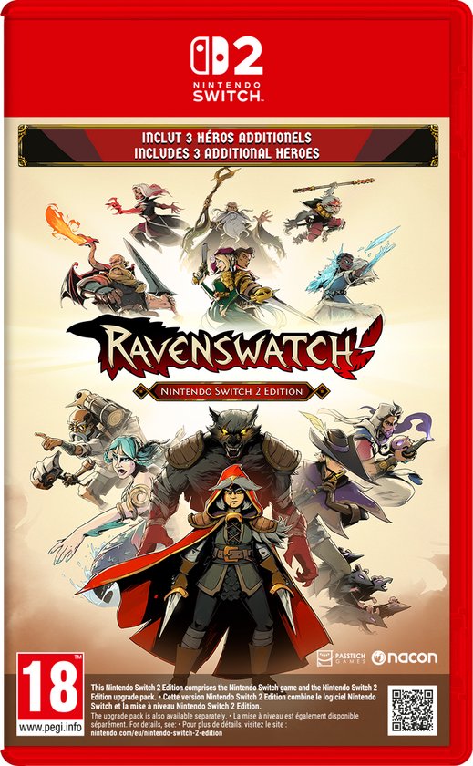 Boîte de jeu Ravenswatch Nintendo Switch 2 avec personnages illustrés, PEGI 18.
