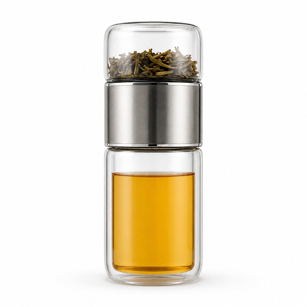 VHV - Thee waterfles - Theebeker - Infuser fles - Dubbelwandig borosilicaatglas - Met RVS filter - Lekvrij - Voor onderweg en kantoor - 360 ml - Inclusief beschermhoes - 1PCS - Zilver