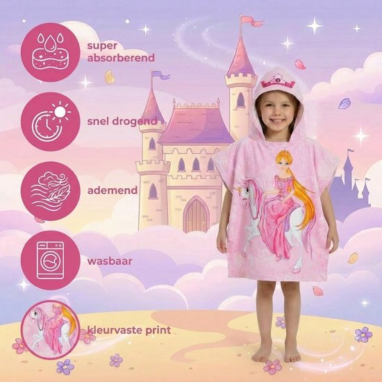 Poncho Handdoek Prinses met Eenhoorn - Kinder Badponcho met Capuchon - Strandponcho - Badcape - Sneldrogende Strandhanddoek - Roze - Polyester - Meisjes - Vanaf 3 Jaar — afbeelding 3