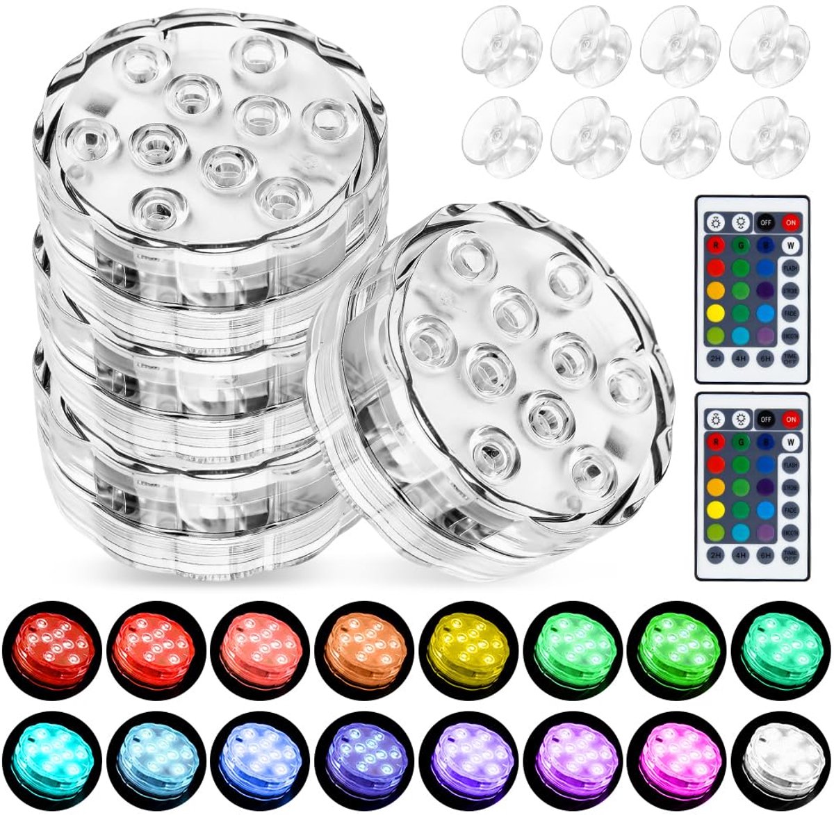 SnelShoppen - Set van 4 Onderwaterlampen met Afstandsbediening, 16 Kleuren RGB, Waterdicht IP68, 10 LEDs, Magneetbevestiging/Zuignap voor Tuin, Aquari