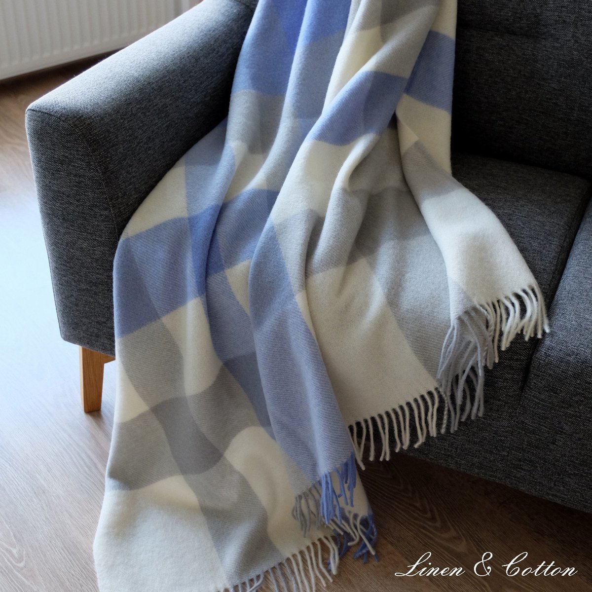 SnelShoppen - Luxe Wollen Deken Knuffeldeken Geruite Devon - 100% Nieuw-Zeelandse Wol, Blauw Grijs Wit - 140 x 200 cm - Plaid Gooi Bankdeken voor Wint