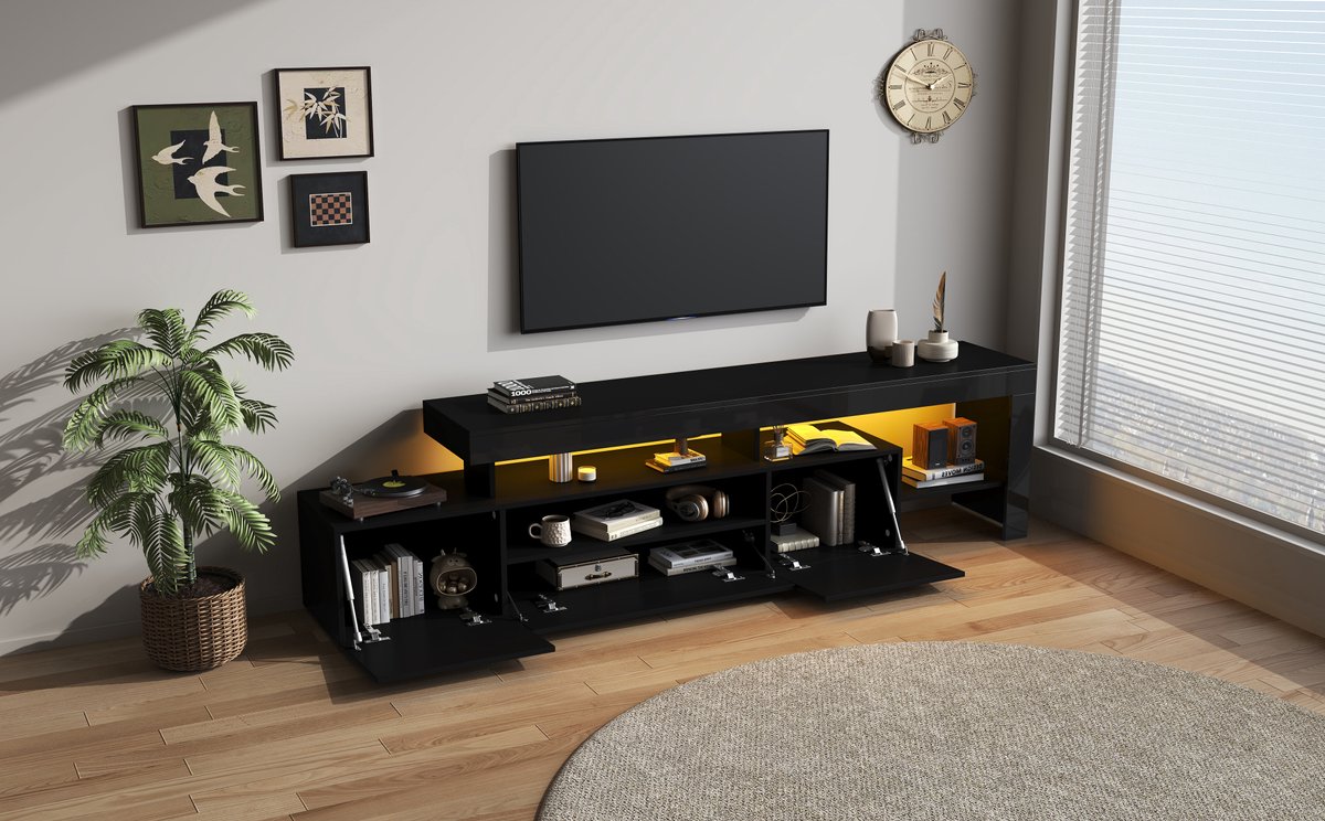 STILVORA TV Meubel Zwart Hoogglans Met LED Verlichting En 3 Kleppen Voor Woonkamer En Kleine Ruimtes 192x37x53 Cm Voor 85 Inch Tv