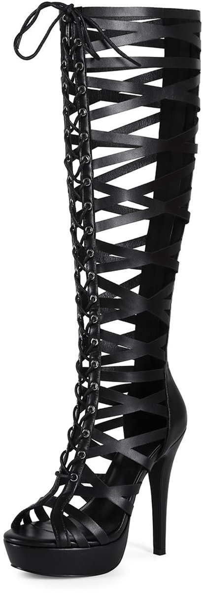 SnelShoppen - Feinlina Dameslaarzen Hoge Hakken Zwart Geregen Uitgesneden Open Teen Stiletto 43 EU Feest Bruiloft