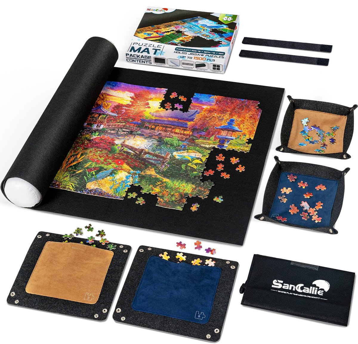 SnelShoppen - Puzzelmat Rol Puzzel Opslag Vilten Mat Jigroll Tot 1500 Stuks Met 4 Puzzelladen, Ideaal Voor Puzzel Spelers, Praktische Opbergtas Met Tr