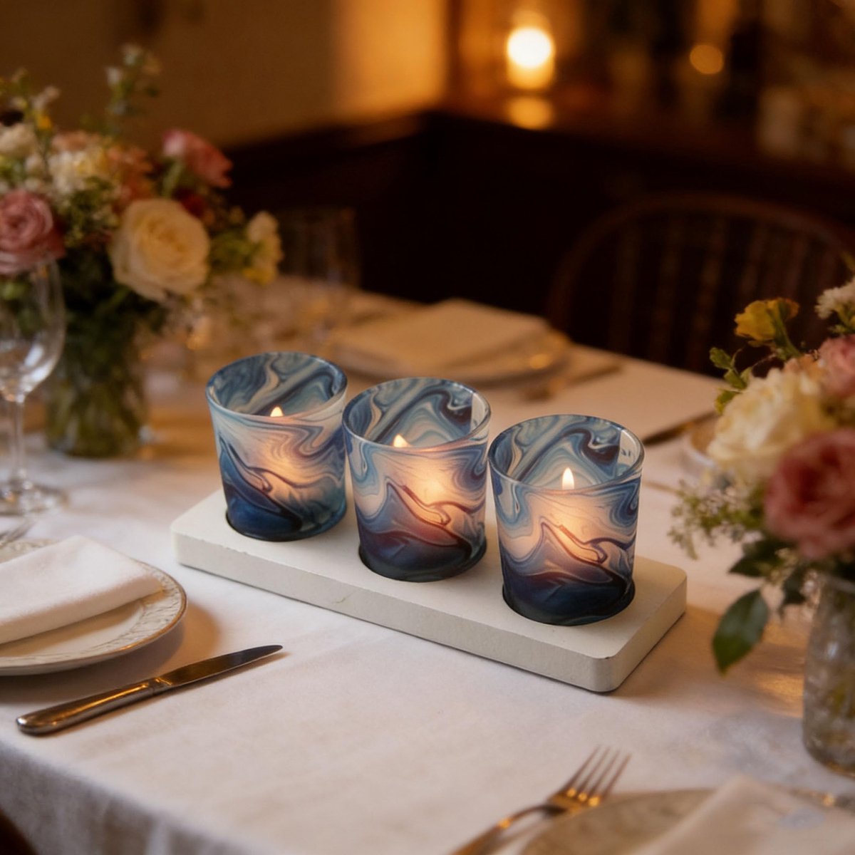 SnelShoppen - Theelichtkaarsenhouder Set van 3 - Glazen Kandelaars met Dienblad - Perfect voor Bruiloften, Feesten en Woondecoratie - Elegante Kaarsen
