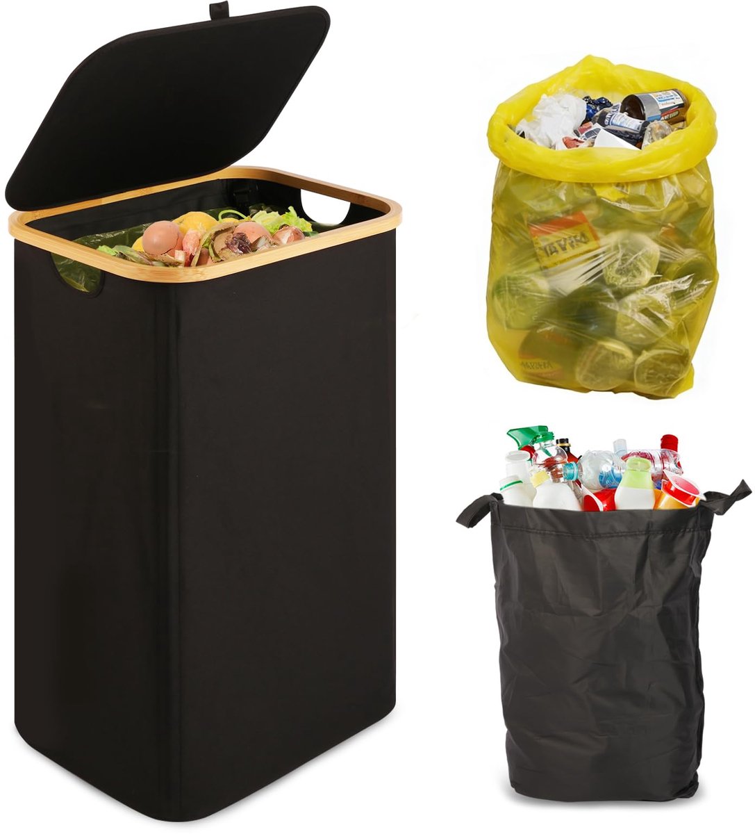 SnelShoppen - Gele Zakstandaard 100 Liter - Grote Vuilnisemmer met Deksel, Wasbare Binnenzak, Klittenbandsluiting, Opvouwbare Afvalzakhouder voor Huis