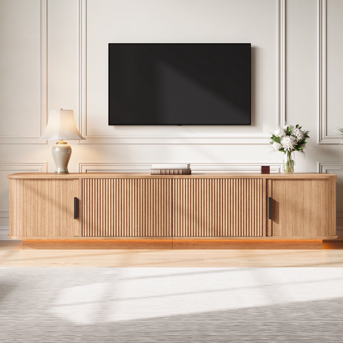 VVBV TV-Meubel 180 cm - Naturel Lowboard met LED, Afgeronde Hoeken, 2 Schuifdeuren, 2 Lade