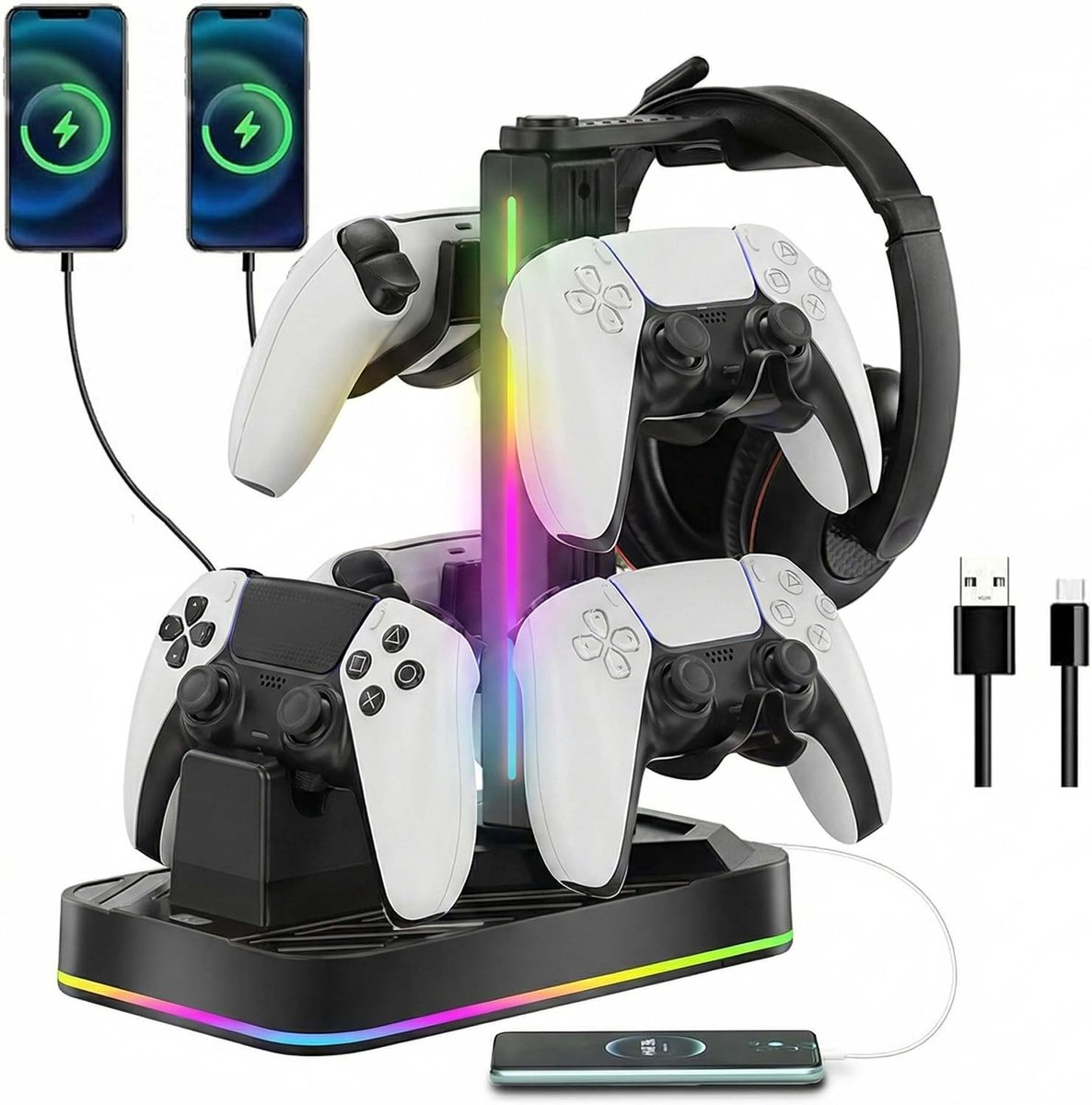 Controlleroplader met hoofdtelefoonstandaard, RGB-laadstation geschikt voor PS5-controllers met 3 USB-poorten, houder voor headset en controllers geschikt voor PlayStation 5 & DualSense Edge-controllers